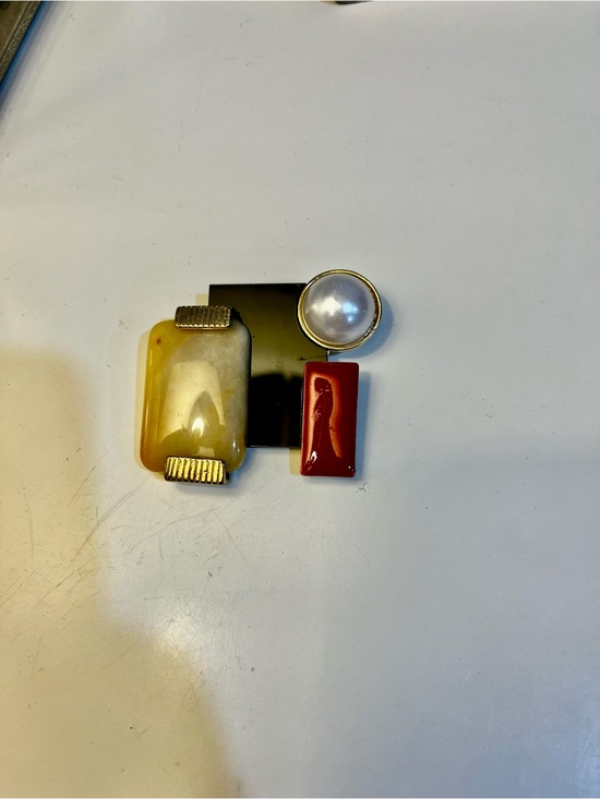Jewelry - Modern Geometric Brooch — Yellow, Red, Black, Pearl